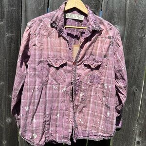 Magnolia Pearl Kelly Western Lavender Checkered Top with Mushroom Embroidery